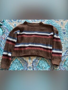 Pink Republic Brown Striped Crewneck Sweater with Blue, White & Pink Accents